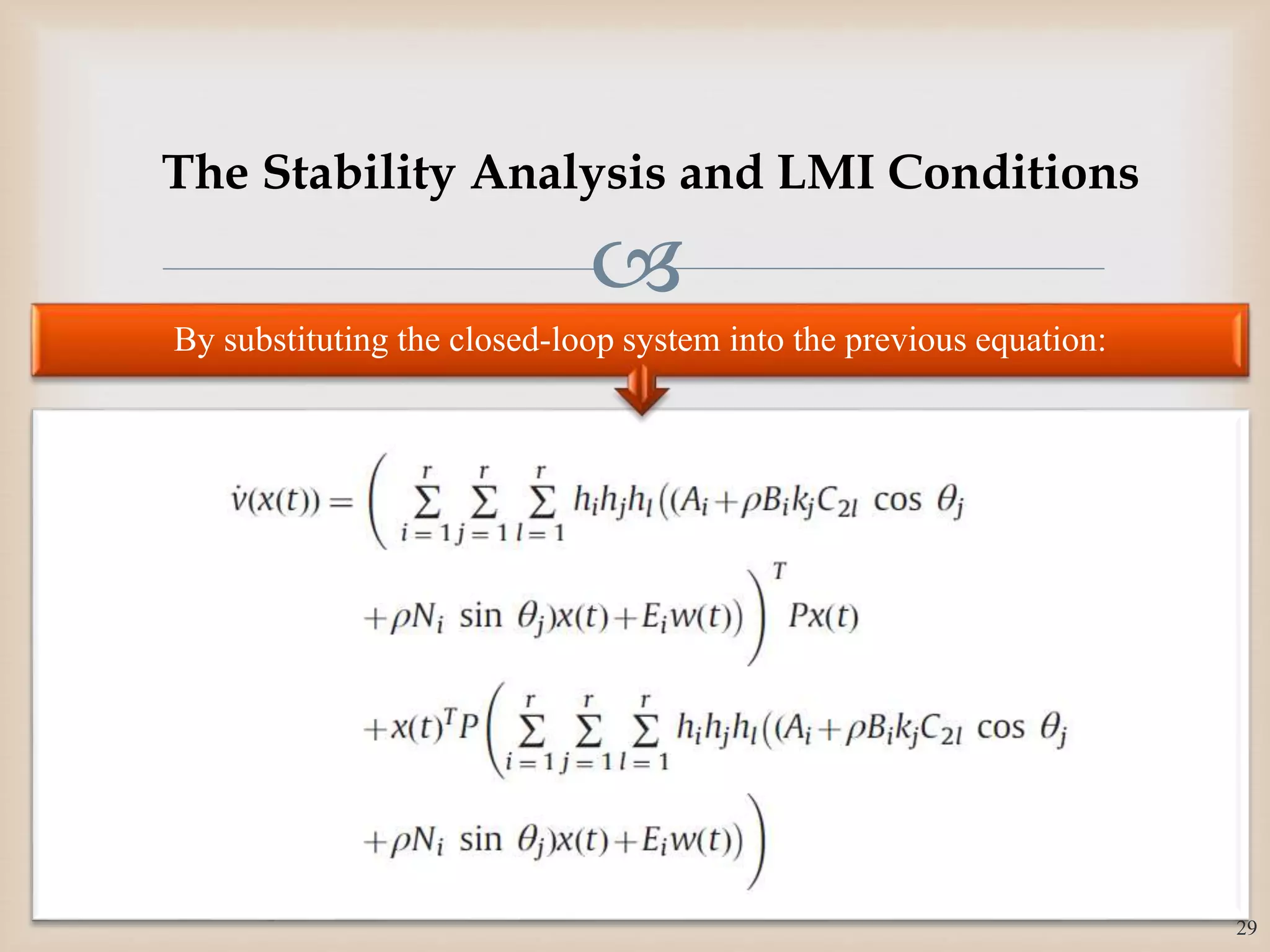 
By substituting the closed-loop system into the previous equation:
29
The Stability Analysis and LMI Conditions
 