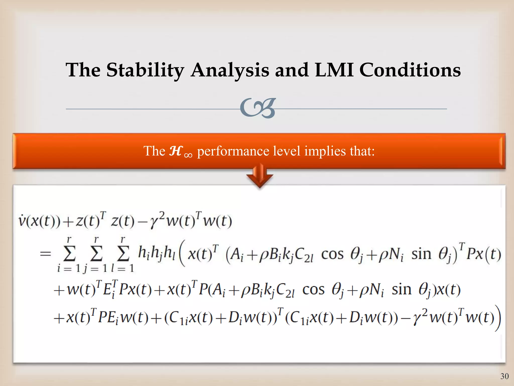 
The 𝓗∞ performance level implies that:
30
The Stability Analysis and LMI Conditions
 