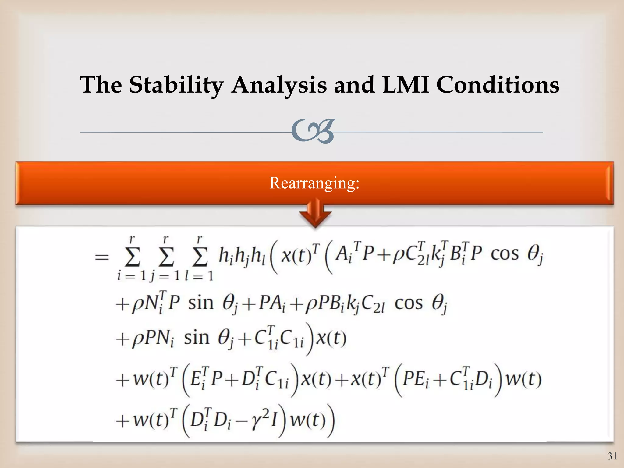 
Rearranging:
31
The Stability Analysis and LMI Conditions
 