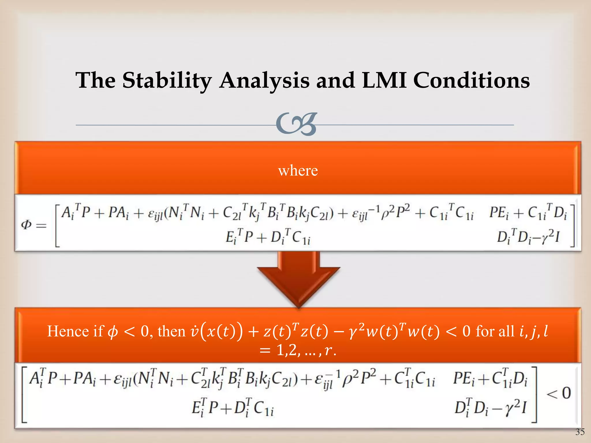 
Hence if 𝜙 < 0, then 𝑣 𝑥 𝑡 + 𝑧(𝑡) 𝑇 𝑧 𝑡 − 𝛾2 𝑤(𝑡) 𝑇 𝑤(𝑡) < 0 for all 𝑖, 𝑗, 𝑙
= 1,2, … , 𝑟.
where
35
The Stability Analysis and LMI Conditions
 