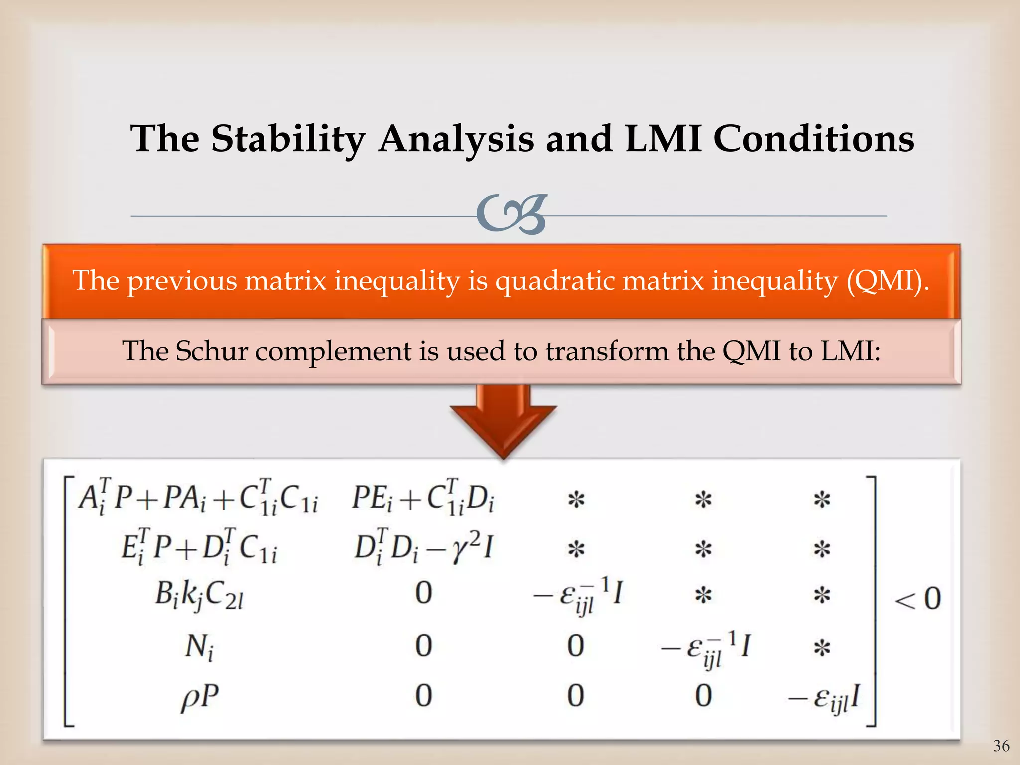 
The previous matrix inequality is quadratic matrix inequality (QMI).
The Schur complement is used to transform the QMI to LMI:
36
The Stability Analysis and LMI Conditions
 