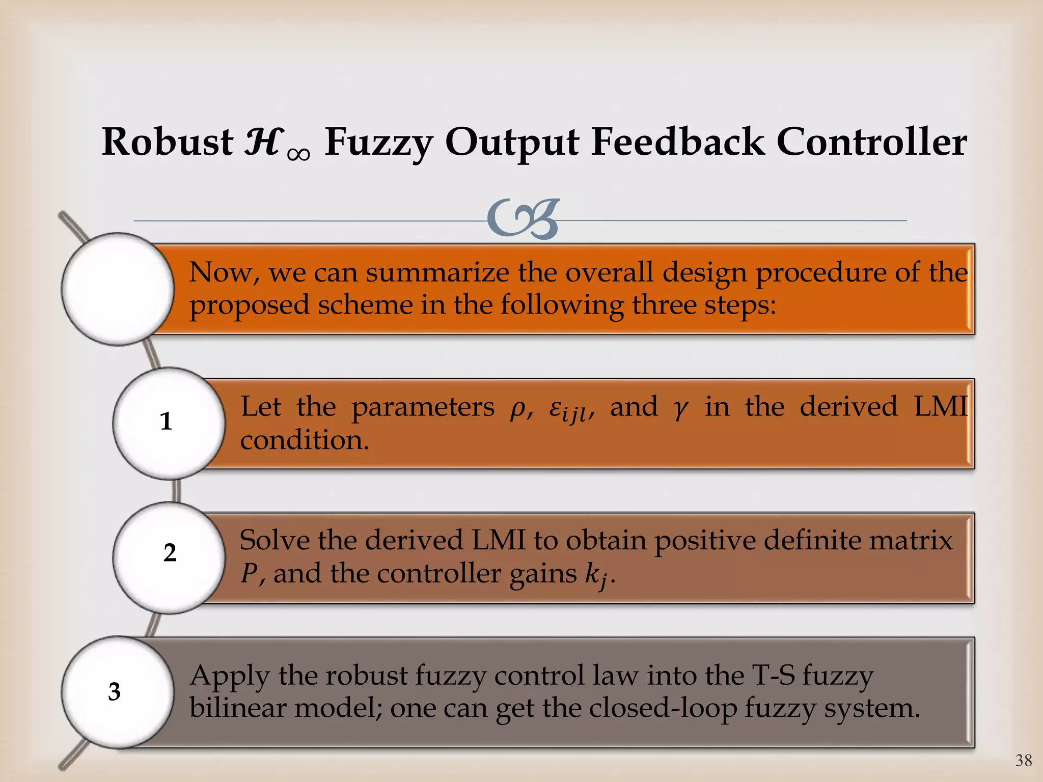 
Now, we can summarize the overall design procedure of the
proposed scheme in the following three steps:
Let the parameters 𝜌, 𝜀𝑖𝑗𝑙, and 𝛾 in the derived LMI
condition.
Solve the derived LMI to obtain positive definite matrix
𝑃, and the controller gains 𝑘𝑗.
Apply the robust fuzzy control law into the T-S fuzzy
bilinear model; one can get the closed-loop fuzzy system.
2
38
Robust 𝓗∞ Fuzzy Output Feedback Controller
3
1
 