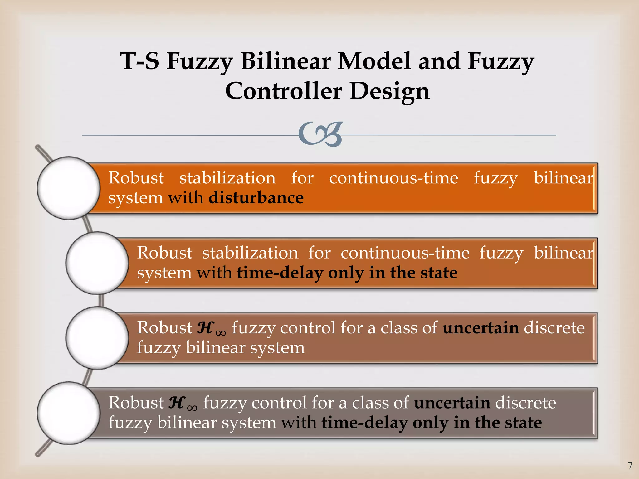 
Robust stabilization for continuous-time fuzzy bilinear
system with disturbance
Robust stabilization for continuous-time fuzzy bilinear
system with time-delay only in the state
Robust 𝓗∞ fuzzy control for a class of uncertain discrete
fuzzy bilinear system
Robust 𝓗∞ fuzzy control for a class of uncertain discrete
fuzzy bilinear system with time-delay only in the state
7
T-S Fuzzy Bilinear Model and Fuzzy
Controller Design
 