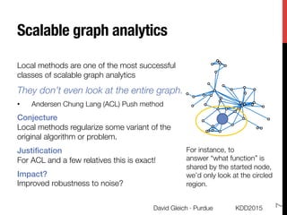 Scalable graph analytics
Local methods are one of the most successful
classes of scalable graph analytics
They don’t even look at the entire graph.
•  Andersen Chung Lang (ACL) Push method
Conjecture"
Local methods regularize some variant of the
original algorithm or problem.
Justiﬁcation"
For ACL and a few relatives this is exact!
Impact?!
Improved robustness to noise?
KDD2015
David Gleich · Purdue
7
c
For instance, to "
answer “what function” is
shared by the started node,
we’d only look at the circled
region.
 