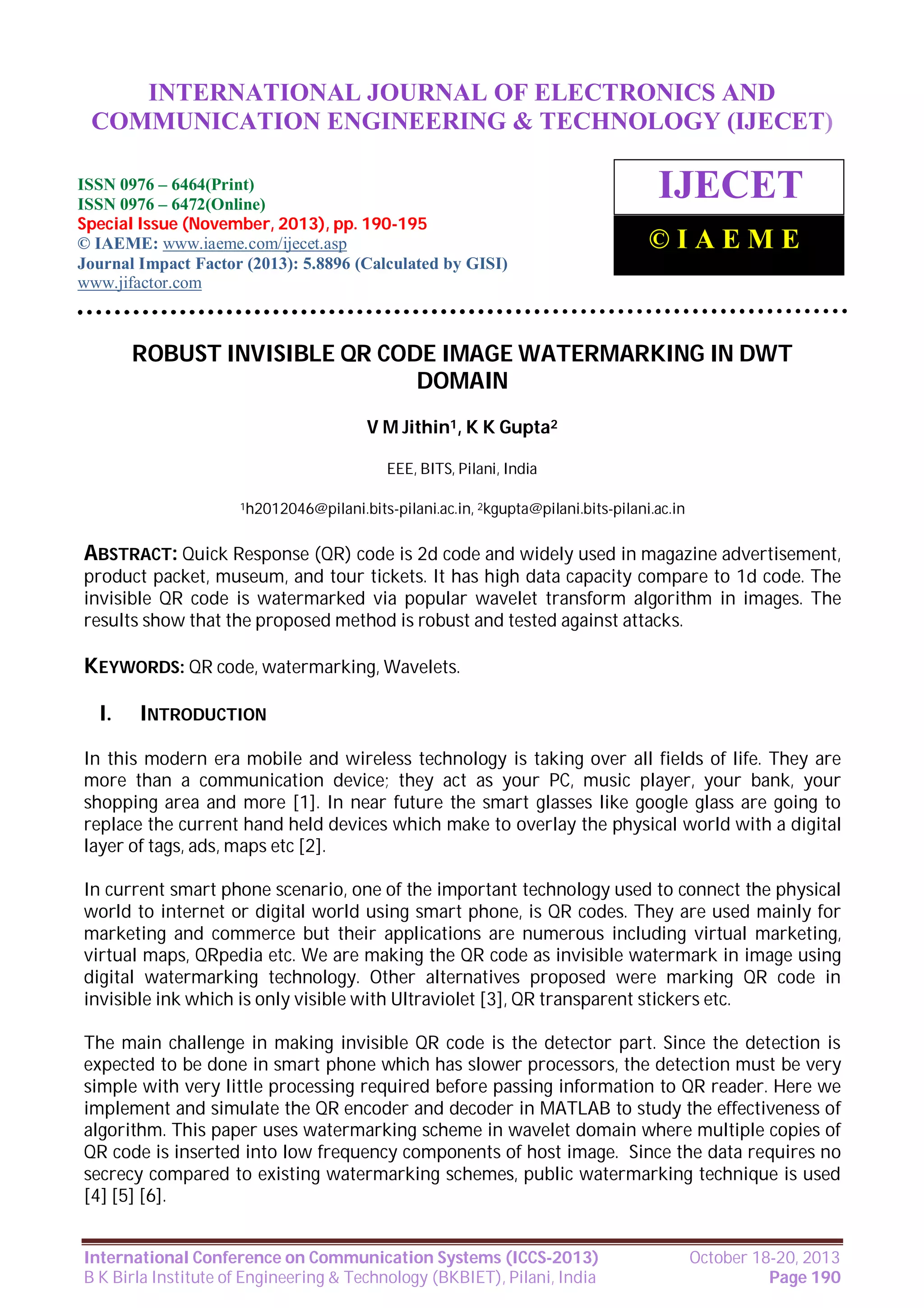 Robust invisible qr code image watermarking in dwt PDF
