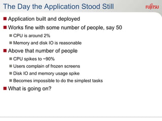 The Day the Application Stood Still
 Application built and deployed
 Works fine with some number of people, say 50
 CPU is around 2%
 Memory and disk IO is reasonable
 Above that number of people
 CPU spikes to ~90%
 Users complain of frozen screens
 Disk IO and memory usage spike
 Becomes impossible to do the simplest tasks
 What is going on?
 
