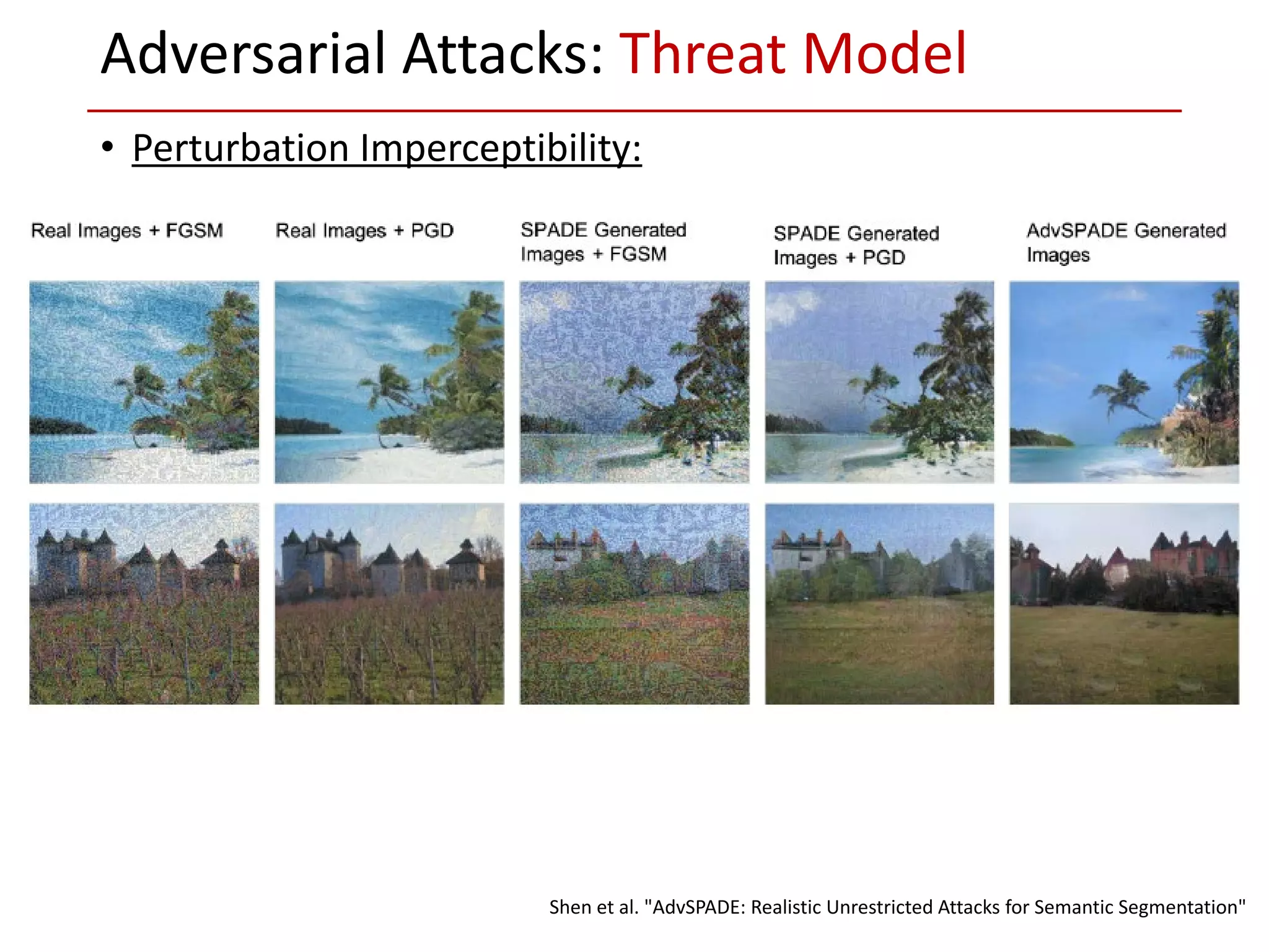 • Perturbation Imperceptibility:
Adversarial Attacks: Threat Model
Shen et al. "AdvSPADE: Realistic Unrestricted Attacks for Semantic Segmentation"
 