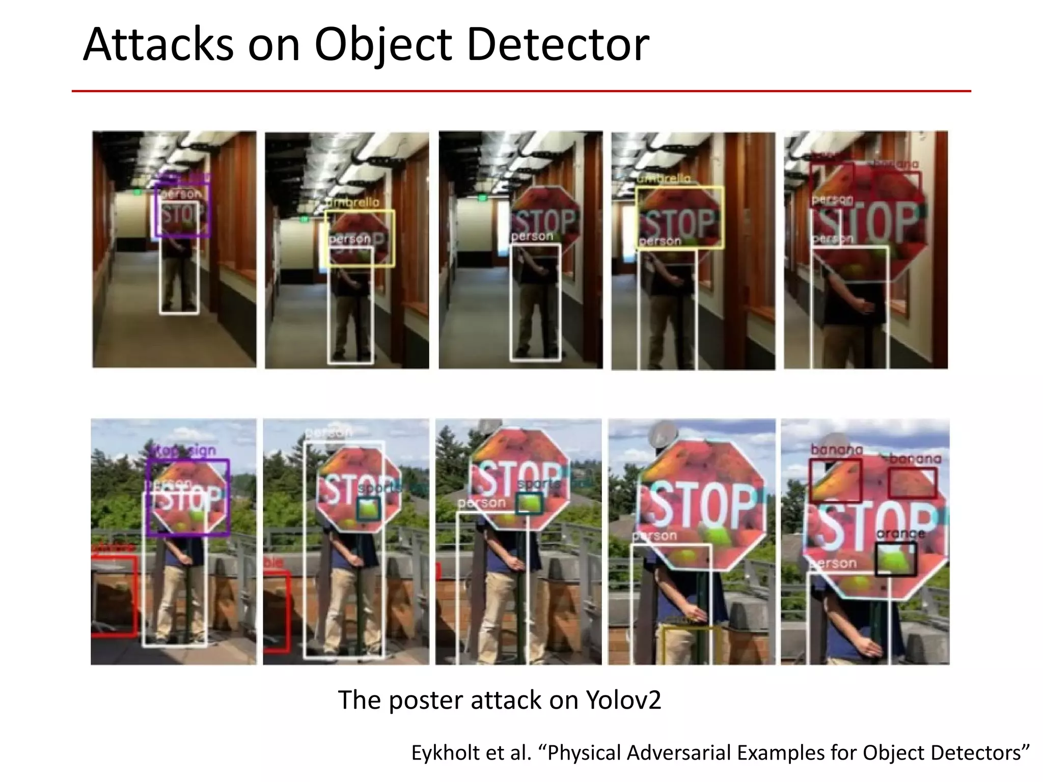 Eykholt et al. “Physical Adversarial Examples for Object Detectors”
The poster attack on Yolov2
Attacks on Object Detector
 