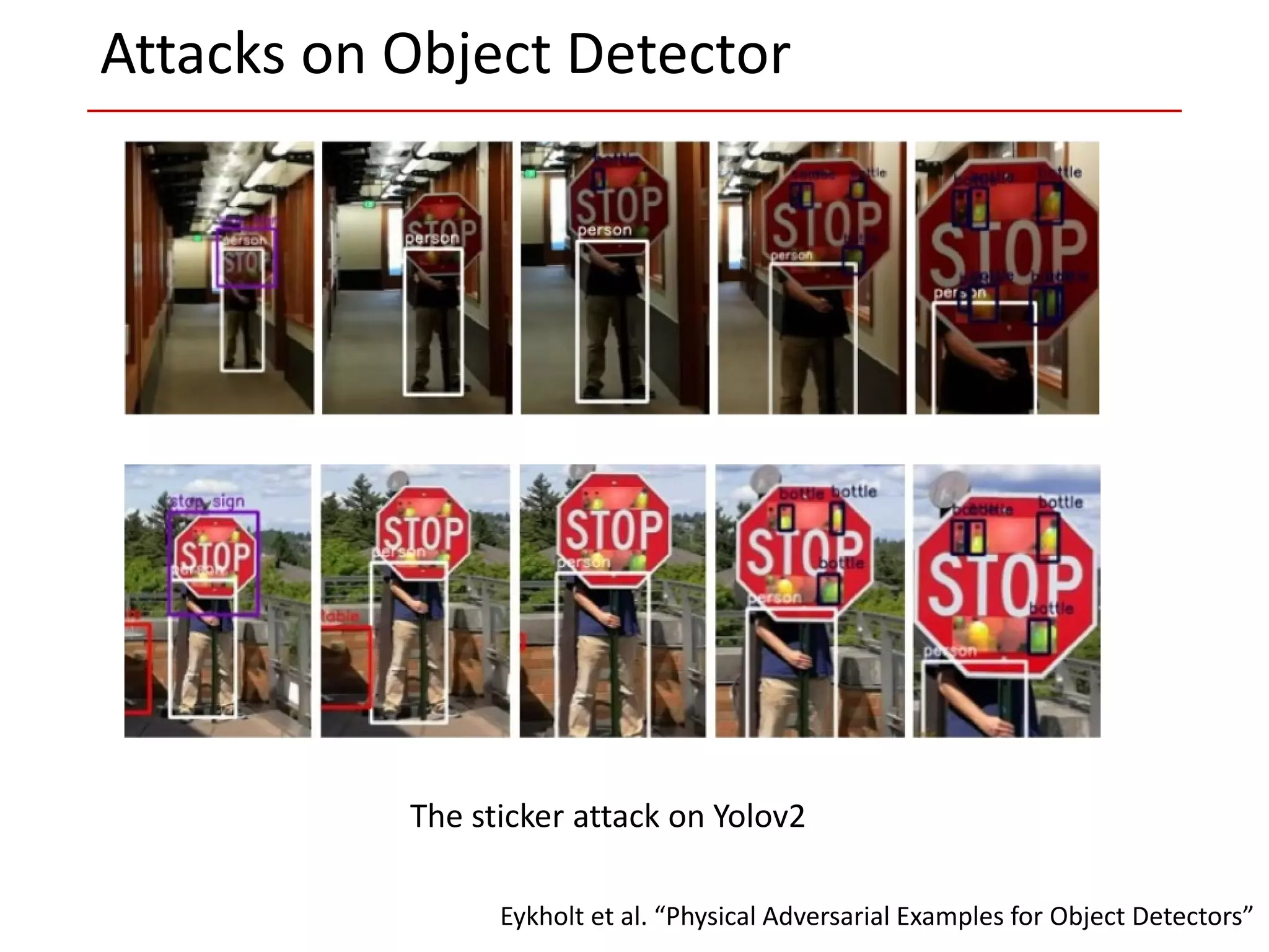 Eykholt et al. “Physical Adversarial Examples for Object Detectors”
The sticker attack on Yolov2
Attacks on Object Detector
 