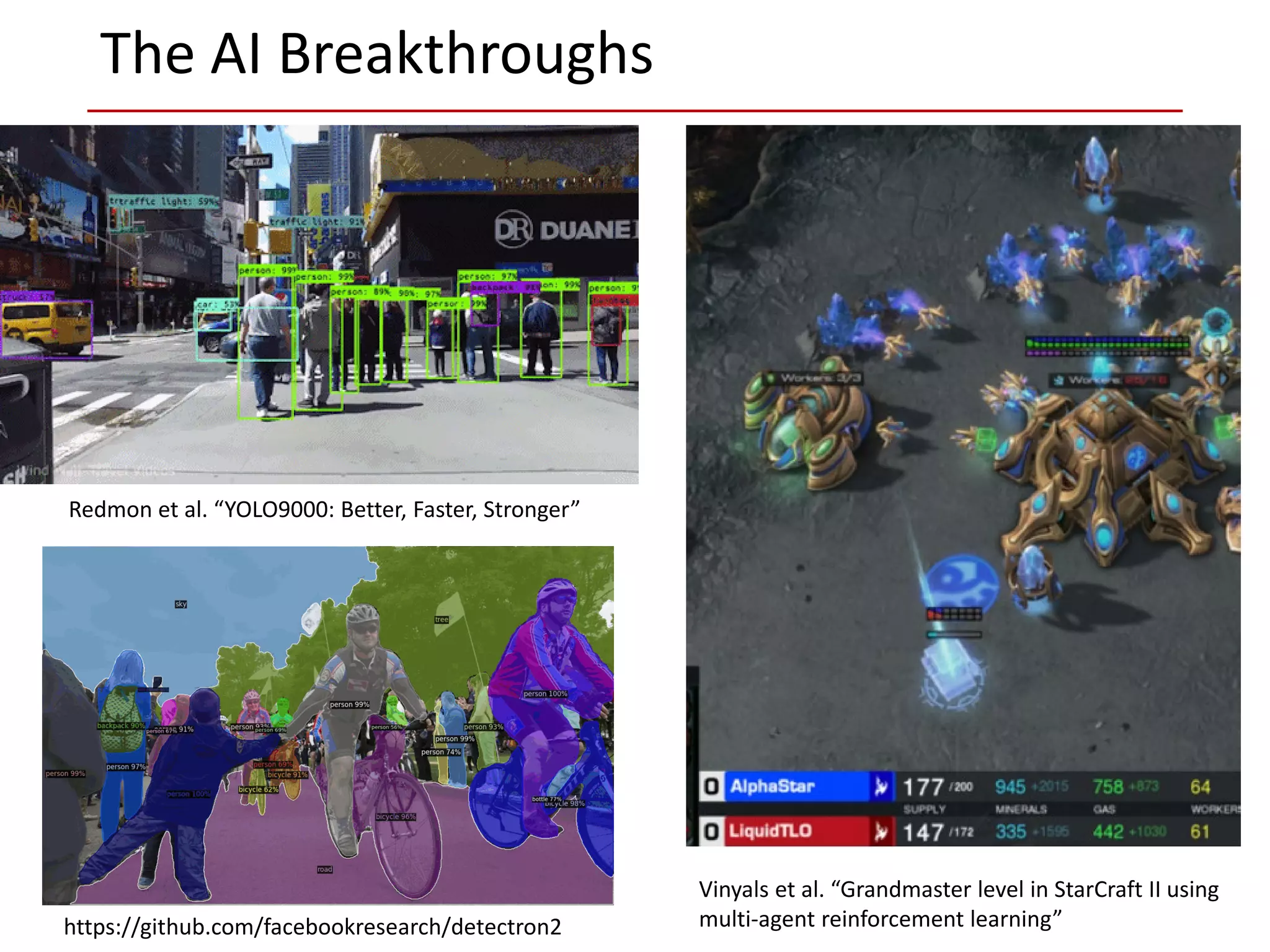 The AI Breakthroughs
Vinyals et al. “Grandmaster level in StarCraft II using
multi-agent reinforcement learning”
Redmon et al. “YOLO9000: Better, Faster, Stronger”
https://github.com/facebookresearch/detectron2
 