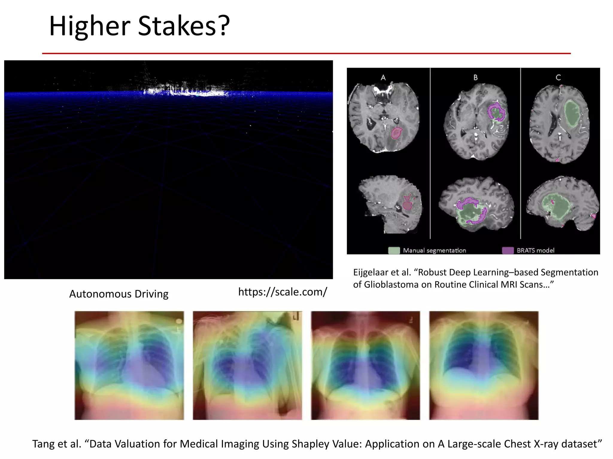 Higher Stakes?
Tang et al. “Data Valuation for Medical Imaging Using Shapley Value: Application on A Large-scale Chest X-ray dataset”
https://scale.com/
Autonomous Driving
Eijgelaar et al. “Robust Deep Learning–based Segmentation
of Glioblastoma on Routine Clinical MRI Scans…”
 