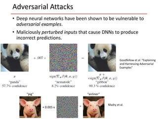 • Deep neural networks have been shown to be vulnerable to
adversarial examples.
• Maliciously perturbed inputs that cause DNNs to produce
incorrect predictions.
Adversarial Attacks
Madry et al.
Goodfellow et al. “Explaining
and Harnessing Adversarial
Examples”
 