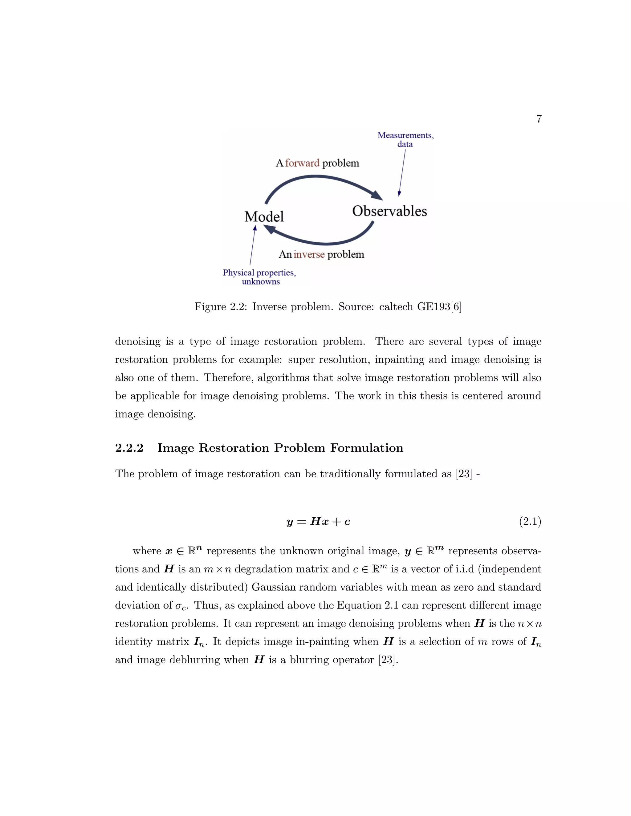 7 Figure 2.2: Inverse problem. Source: caltech GE193[6] denoising is a type of image restoration problem. There are several types of image restoration problems for example: super resolution, inpainting and image denoising is also one of them. Therefore, algorithms that solve image restoration problems will also be applicable for image denoising problems. The work in this thesis is centered around image denoising. 2.2.2 Image Restoration Problem Formulation The problem of image restoration can be traditionally formulated as [23] - y = Hx + c (2.1) where x ∈ Rn represents the unknown original image, y ∈ Rm represents observa- tions and H is an m×n degradation matrix and c ∈ Rm is a vector of i.i.d (independent and identically distributed) Gaussian random variables with mean as zero and standard deviation of σc. Thus, as explained above the Equation 2.1 can represent different image restoration problems. It can represent an image denoising problems when H is the n×n identity matrix In. It depicts image in-painting when H is a selection of m rows of In and image deblurring when H is a blurring operator [23]. 