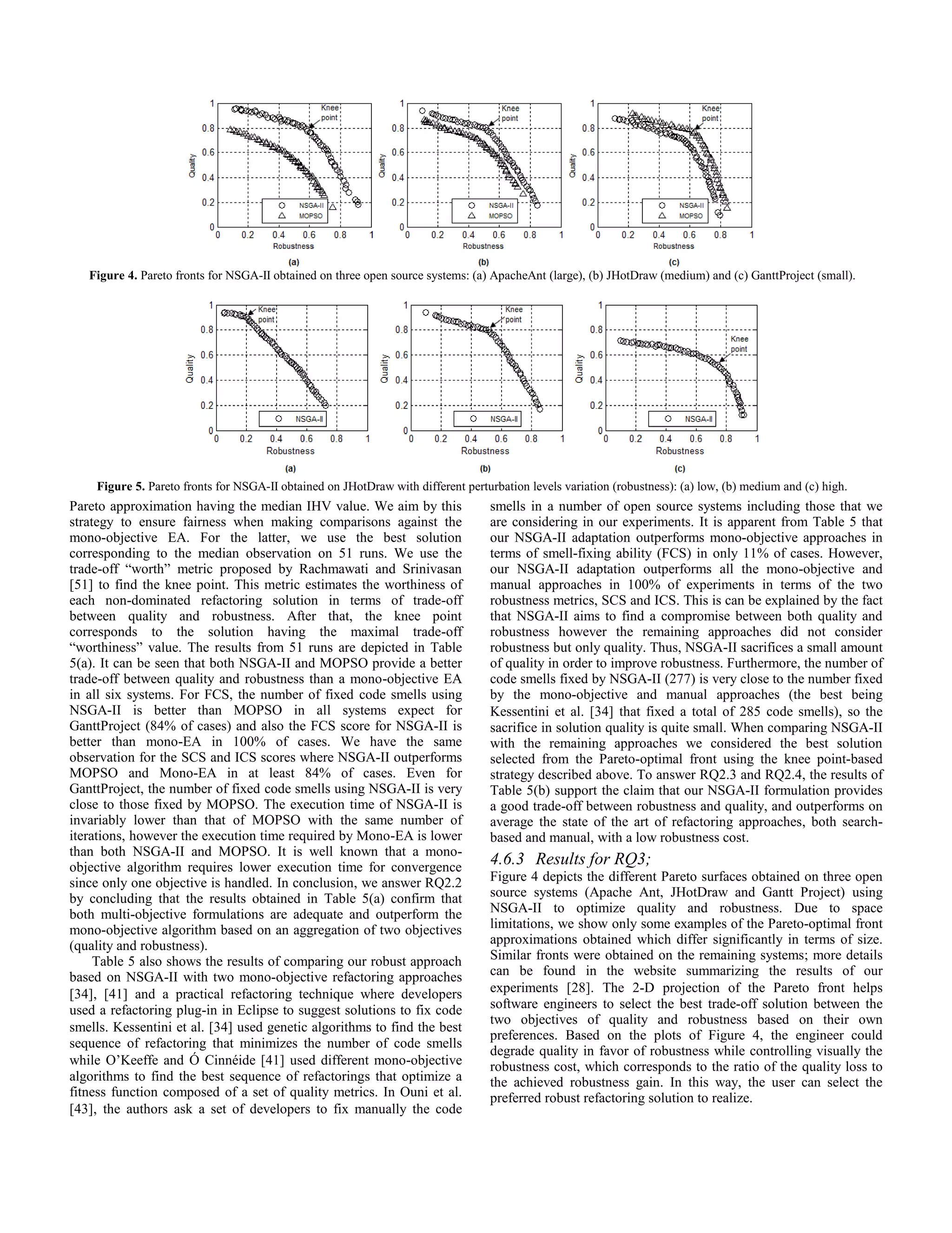 Pareto approximation having the median IHV value. We aim by this strategy to ensure fairness when making comparisons against the mono-objective EA. For the latter, we use the best solution corresponding to the median observation on 51 runs. We use the trade-off “worth” metric proposed by Rachmawati and Srinivasan [51] to find the knee point. This metric estimates the worthiness of each non-dominated refactoring solution in terms of trade-off between quality and robustness. After that, the knee point corresponds to the solution having the maximal trade-off “worthiness” value. The results from 51 runs are depicted in Table 5(a). It can be seen that both NSGA-II and MOPSO provide a better trade-off between quality and robustness than a mono-objective EA in all six systems. For FCS, the number of fixed code smells using NSGA-II is better than MOPSO in all systems expect for GanttProject (84% of cases) and also the FCS score for NSGA-II is better than mono-EA in 100% of cases. We have the same observation for the SCS and ICS scores where NSGA-II outperforms MOPSO and Mono-EA in at least 84% of cases. Even for GanttProject, the number of fixed code smells using NSGA-II is very close to those fixed by MOPSO. The execution time of NSGA-II is invariably lower than that of MOPSO with the same number of iterations, however the execution time required by Mono-EA is lower than both NSGA-II and MOPSO. It is well known that a mono- objective algorithm requires lower execution time for convergence since only one objective is handled. In conclusion, we answer RQ2.2 by concluding that the results obtained in Table 5(a) confirm that both multi-objective formulations are adequate and outperform the mono-objective algorithm based on an aggregation of two objectives (quality and robustness). Table 5 also shows the results of comparing our robust approach based on NSGA-II with two mono-objective refactoring approaches [34], [41] and a practical refactoring technique where developers used a refactoring plug-in in Eclipse to suggest solutions to fix code smells. Kessentini et al. [34] used genetic algorithms to find the best sequence of refactoring that minimizes the number of code smells while O’Keeffe and Ó Cinnéide [41] used different mono-objective algorithms to find the best sequence of refactorings that optimize a fitness function composed of a set of quality metrics. In Ouni et al. [43], the authors ask a set of developers to fix manually the code smells in a number of open source systems including those that we are considering in our experiments. It is apparent from Table 5 that our NSGA-II adaptation outperforms mono-objective approaches in terms of smell-fixing ability (FCS) in only 11% of cases. However, our NSGA-II adaptation outperforms all the mono-objective and manual approaches in 100% of experiments in terms of the two robustness metrics, SCS and ICS. This is can be explained by the fact that NSGA-II aims to find a compromise between both quality and robustness however the remaining approaches did not consider robustness but only quality. Thus, NSGA-II sacrifices a small amount of quality in order to improve robustness. Furthermore, the number of code smells fixed by NSGA-II (277) is very close to the number fixed by the mono-objective and manual approaches (the best being Kessentini et al. [34] that fixed a total of 285 code smells), so the sacrifice in solution quality is quite small. When comparing NSGA-II with the remaining approaches we considered the best solution selected from the Pareto-optimal front using the knee point-based strategy described above. To answer RQ2.3 and RQ2.4, the results of Table 5(b) support the claim that our NSGA-II formulation provides a good trade-off between robustness and quality, and outperforms on average the state of the art of refactoring approaches, both search- based and manual, with a low robustness cost. 4.6.3 Results for RQ3; Figure 4 depicts the different Pareto surfaces obtained on three open source systems (Apache Ant, JHotDraw and Gantt Project) using NSGA-II to optimize quality and robustness. Due to space limitations, we show only some examples of the Pareto-optimal front approximations obtained which differ significantly in terms of size. Similar fronts were obtained on the remaining systems; more details can be found in the website summarizing the results of our experiments [28]. The 2-D projection of the Pareto front helps software engineers to select the best trade-off solution between the two objectives of quality and robustness based on their own preferences. Based on the plots of Figure 4, the engineer could degrade quality in favor of robustness while controlling visually the robustness cost, which corresponds to the ratio of the quality loss to the achieved robustness gain. In this way, the user can select the preferred robust refactoring solution to realize. Figure 4. Pareto fronts for NSGA-II obtained on three open source systems: (a) ApacheAnt (large), (b) JHotDraw (medium) and (c) GanttProject (small). Figure 5. Pareto fronts for NSGA-II obtained on JHotDraw with different perturbation levels variation (robustness): (a) low, (b) medium and (c) high. 