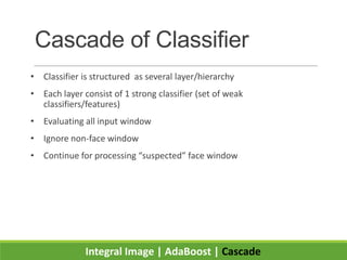 Cascade of Classifier
• Classifier is structured as several layer/hierarchy
• Each layer consist of 1 strong classifier (set of weak
classifiers/features)
• Evaluating all input window
• Ignore non-face window
• Continue for processing “suspected” face window
Integral Image | AdaBoost | Cascade
 