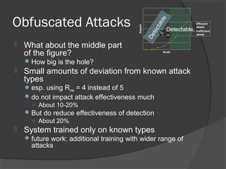 Obfuscated Attacks
 What about the middle part
of the figure?
How big is the hole?
 Small amounts of deviation from known attack
types
esp. using Rmax = 4 instead of 5
do not impact attack effectiveness much
○ About 10-20%
But do reduce effectiveness of detection
○ About 20%
 System trained only on known types
future work: additional training with wider range of
attacks
Scale
Impact
Efficient
attack
Inefficient
attack
Detectable
Detectable
 