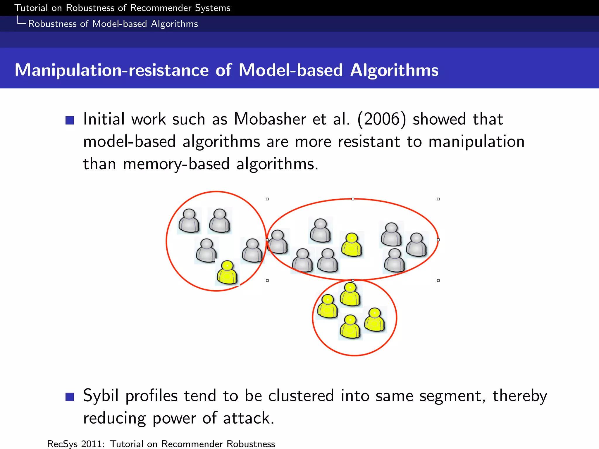 Tutorial on Robustness of Recommender Systems
  Robustness of Model-based Algorithms



Manipulation-resistance of Model-based Algorithms

              Initial work such as Mobasher et al. (2006) showed that
              model-based algorithms are more resistant to manipulation
              than memory-based algorithms.




              Sybil proﬁles tend to be clustered into same segment, thereby
              reducing power of attack.
      RecSys 2011: Tutorial on Recommender Robustness
 