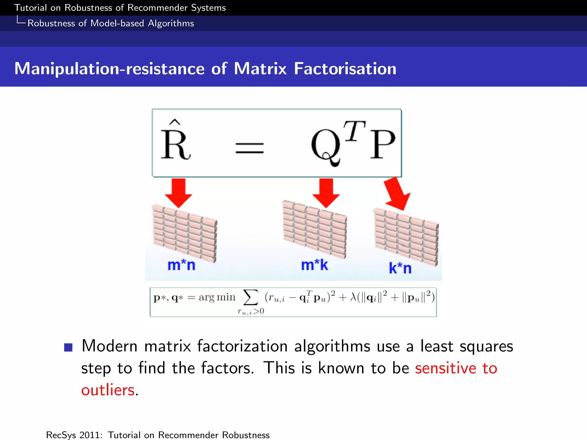 Tutorial on Robustness of Recommender Systems
  Robustness of Model-based Algorithms



Manipulation-resistance of Matrix Factorisation




              Modern matrix factorization algorithms use a least squares
              step to ﬁnd the factors. This is known to be sensitive to
              outliers.

      RecSys 2011: Tutorial on Recommender Robustness
 