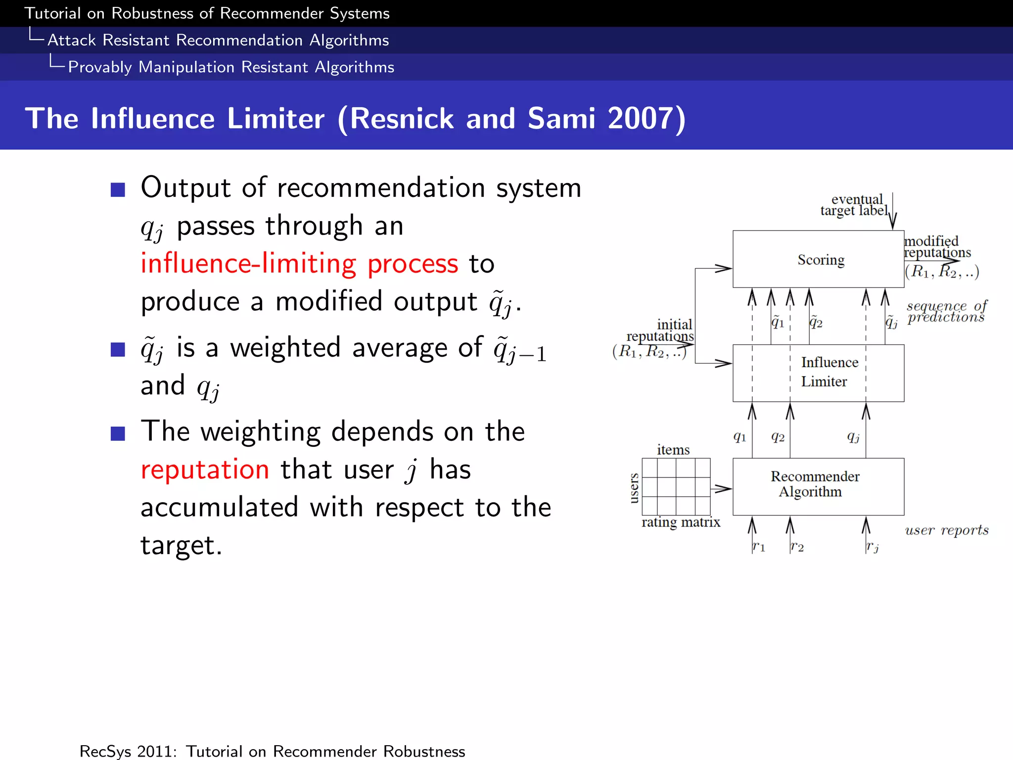Tutorial on Robustness of Recommender Systems
  Attack Resistant Recommendation Algorithms
     Provably Manipulation Resistant Algorithms


The Inﬂuence Limiter (Resnick and Sami 2007)

              Output of recommendation system
              qj passes through an
              inﬂuence-limiting process to
              produce a modiﬁed output qj .
                                          ˜
              qj is a weighted average of qj−1
              ˜                           ˜
              and qj
              The weighting depends on the
              reputation that user j has
              accumulated with respect to the
              target.




      RecSys 2011: Tutorial on Recommender Robustness
 