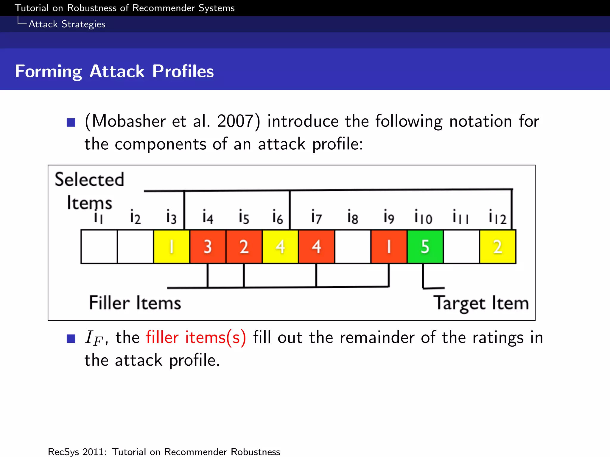 Tutorial on Robustness of Recommender Systems
  Attack Strategies



Forming Attack Proﬁles

              (Mobasher et al. 2007) introduce the following notation for
              the components of an attack proﬁle:




              IF , the ﬁller items(s) ﬁll out the remainder of the ratings in
              the attack proﬁle.



      RecSys 2011: Tutorial on Recommender Robustness
 
