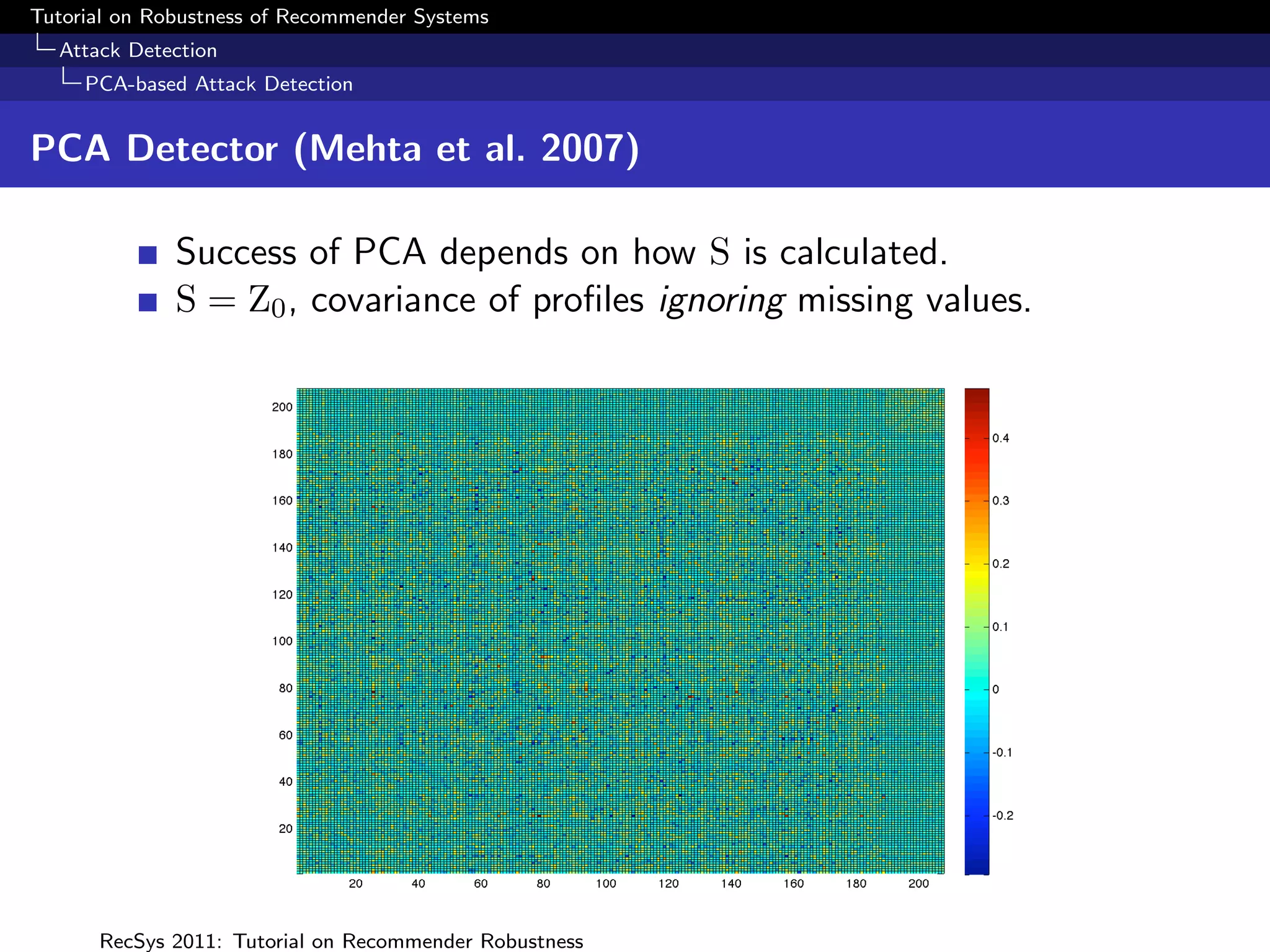 Tutorial on Robustness of Recommender Systems
  Attack Detection
     PCA-based Attack Detection


PCA Detector (Mehta et al. 2007)

              Success of PCA depends on how S is calculated.
              S = Z0 , covariance of proﬁles ignoring missing values.




      RecSys 2011: Tutorial on Recommender Robustness
 
