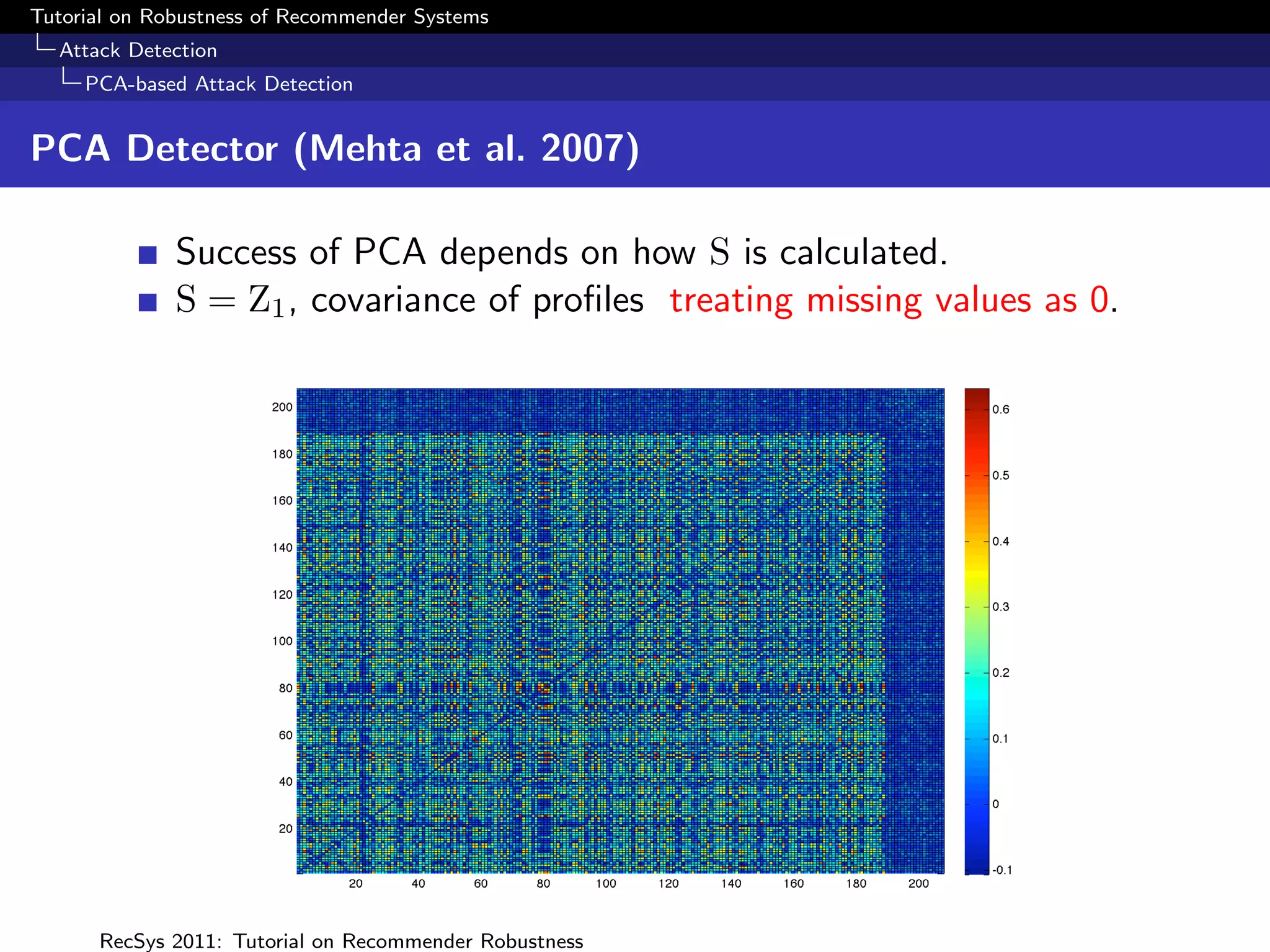 Tutorial on Robustness of Recommender Systems
  Attack Detection
     PCA-based Attack Detection


PCA Detector (Mehta et al. 2007)

              Success of PCA depends on how S is calculated.
              S = Z1 , covariance of proﬁles treating missing values as 0.




      RecSys 2011: Tutorial on Recommender Robustness
 