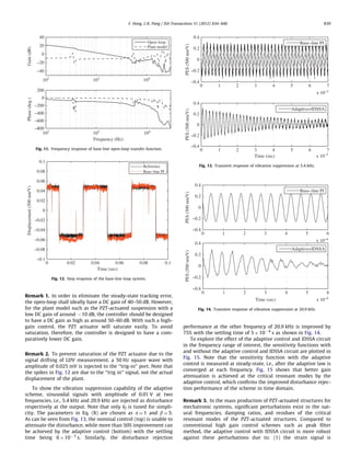 F. Hong, C.K. Pang / ISA Transactions 51 (2012) 834–840

0.4
Open−loop
Plant model

20
0
−20
−40
102

103

PES (500 nm/V)

40
Gain (dB)

839

104

Base−line PI
0.2
0
−0.2
−0.4

0

1

2

3

4

5

6

0

0.4

−200
−400
−600
−800
102

103
Frequency (Hz)

104

0.1

0.06

−0.2
0

1

2

3
4
Time (sec)

5

6

7
x 10−3

0.4
PES (500 nm/V)

0.04
0.02
0
−0.02

Base−line PI
0.2
0
−0.2
−0.4

−0.04
−0.06

0

1

2

3

4

5

0.02

0.04
0.06
Time (sec)

0.08

0.1

Fig. 12. Step response of the base-line loop system.

PES (500 nm/V)

0

Adaptive+IDSSA
0.2
0
−0.2
−0.4

Remark 1. In order to eliminate the steady-state tracking error,
the open-loop shall ideally have a DC gain of 40–50 dB. However,
for the plant model such as the PZT-actuated suspension with a
low DC gain of around À 10 dB, the controller should be designed
to have a DC gain as high as around 50–60 dB. With such a highgain control, the PZT actuator will saturate easily. To avoid
saturation, therefore, the controller is designed to have a comparatively lower DC gain.
Remark 2. To prevent saturation of the PZT actuator due to the
signal drifting of LDV measurement, a 50 Hz square wave with
amplitude of 0.025 mV is injected to the ‘‘trig-in’’ port. Note that
the spikes in Fig. 12 are due to the ‘‘trig in’’ signal, not the actual
displacement of the plant.
To show the vibration suppression capability of the adaptive
scheme, sinusoidal signals with amplitude of 0.01 V at two
frequencies, i.e., 5.4 kHz and 20.9 kHz are injected as disturbance
respectively at the output. Note that only kf is tuned for simplicity. The parameters in Eq. (8) are chosen as a ¼ 1 and b ¼ 5.
As can be seen from Fig. 13, the nominal control (top) is unable to
attenuate the disturbance, while more than 50% improvement can
be achieved by the adaptive control (bottom) with the settling
time being 6 Â 10 À 3 s. Similarly, the disturbance rejection

6
x 10−4

0.4

−0.08
−0.1

0

Fig. 13. Transient response of vibration suppression at 5.4 kHz.

Reference
Base−line PI

0.08

Adaptive+IDSSA
0.2

−0.4

Fig. 11. Frequency response of base-line open-loop transfer function.

Displacement (500 nm/V)

7
x 10−3

PES (500 nm/V)

Phase (deg.)

200

0

1

2

3

4

5

Time (sec)

6
x 10−4

Fig. 14. Transient response of vibration suppression at 20.9 kHz.

performance at the other frequency of 20.9 kHz is improved by
75% with the settling time of 5 Â 10 À 4 s as shown in Fig. 14.
To explore the effect of the adaptive control and IDSSA circuit
in the frequency range of interest, the sensitivity functions with
and without the adaptive control and IDSSA circuit are plotted in
Fig. 15. Note that the sensitivity function with the adaptive
control is measured at steady-state, i.e., after the adaptive law is
converged at each frequency. Fig. 15 shows that better gain
attenuation is achieved at the critical resonant modes by the
adaptive control, which conﬁrms the improved disturbance rejection performance of the scheme in time domain.
Remark 3. In the mass production of PZT-actuated structures for
mechatronic systems, signiﬁcant perturbations exist in the natural frequencies, damping ratios, and residues of the critical
resonant modes of the PZT-actuated structures. Compared to
conventional high gain control schemes such as peak ﬁlter
method, the adaptive control with IDSSA circuit is more robust
against these perturbations due to: (1) the strain signal is

 