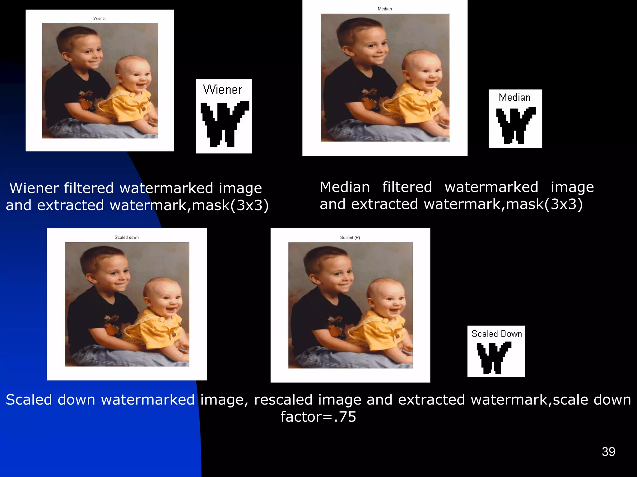Wiener filtered watermarked image       Median filtered watermarked image
and extracted watermark,mask(3x3)       and extracted watermark,mask(3x3)




Scaled down watermarked image, rescaled image and extracted watermark,scale down
                                   factor=.75

                                                                            39
 