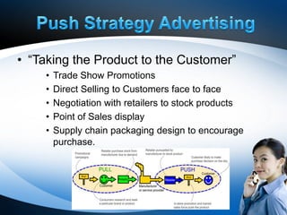 • “Taking the Product to the Customer”
    •   Trade Show Promotions
    •   Direct Selling to Customers face to face
    •   Negotiation with retailers to stock products
    •   Point of Sales display
    •   Supply chain packaging design to encourage
        purchase.
 