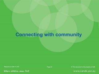 Welcome to C&K V1.0 2015 © This document is the property of C&KPage 24Welcome to C&K V1.015 © This document is the property of C&KPage 24
Connecting with community
 