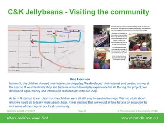 Welcome to C&K V1.0 2015 © This document is the property of C&KPage 29
C&K Jellybeans - Visiting the community
Shop Excursion
In term 3, the children showed their interest in shop play. We developed their interest and created a shop at
the centre. It was the Kindy Shop and became a much loved play experience for all. During this project, we
developed signs, money and introduced real products into our shop.
As term 4 started, it was clear that the children were all still very interested in shops. We had a talk about
what we could do to learn more about shops. It was decided that we would all love to take an excursion to
visit some of the shops in our local community.
 