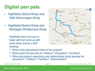 Welcome to C&K V1.0 2015 © This document is the property of C&KPage 40
Digital pen pals
• Highfields District Kindy and
C&K Glenmorgan Kindy
• Highfields District Kindy and
Maclagan Windermere Kindy
Highfields were not sure to
begin with but came up with
some ideas during a staff
meeting.
 What is the educational intent of this project?
 What could this look like for children? Educators? Families?
 What educational networking and relationships could develop for
educators? Children? Families? Communities?
 