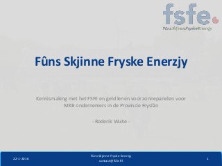 Fûns Skjinne Fryske Enerzjy
Kennismaking met het FSFE en geld lenen voor zonnepanelen voor
MKB ondernemers in de Provincie Fryslân
- Roderik Wuite -
22-1-2016
Fûns Skjinne Fryske Enerzjy
contact@fsfe.frl
1
 