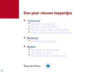 Een paar nieuwe toppertjes
        Fastservice
         • Bereiden van sorbetijs
         • Bakken op een bakplaat
         • Werkoverleg voeren en vergaderen
         • Bijverkoop en meerverkoop realiseren
        Bediening
          • Interactieve wijnkaarten
        Keuken
          • Opmaken van een gerecht
          • Het roken van zalm
          • Het bakken van een verse pizza



36
 