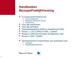 Handboeken
    BeroepsPraktijkVorming
       In nauwe samenwerking met
         •   Horecascholenveld
         •   Werkgroep Directeuren Horeca
         •   Examenwerk
       Voor alle kwalificaties
       Voor alle kerntaken
       Ontwikkelingsgericht OWG en Kwalificerend KWL
       Niveau 1, 2 en 3 OWG en KWL: 1 pakket
       Niveau 4: OWG per kerntaak mét algemeen deel
       Niveau 4: KWL 1 pakket

       Downloadcentrum Examenwerk voor powerpoint voor
         •   Leerlingen
         •   Praktijkbegeleider/Docent




5
 