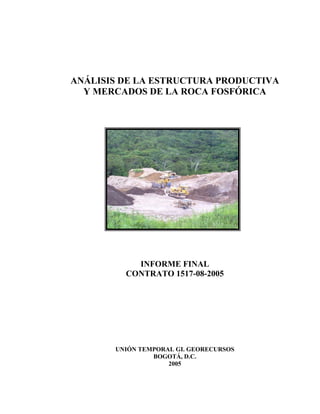 ANÁLISIS DE LA ESTRUCTURA PRODUCTIVA
  Y MERCADOS DE LA ROCA FOSFÓRICA




           INFORME FINAL
         CONTRATO 1517-08-2005




       UNIÓN TEMPORAL GI. GEORECURSOS
                BOGOTÁ, D.C.
                    2005
 