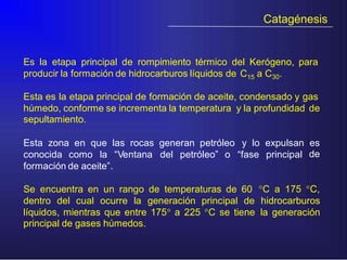 Catagénesis
Es la etapa principal de rompimiento térmico del Kerógeno, para
producir la formación de hidrocarburos líquidos de C15 a C30.
Esta es la etapa principal de formación de aceite, condensado y gas
húmedo, conforme se incrementa la temperatura y la profundidad
sepultamiento.
de
Esta zona en que las rocas generan petróleo y lo expulsan es
deconocida como la “Ventana del petróleo” o “fase principal
formación de aceite”.
Se encuentra en un rango de temperaturas de 60 °C a 175 °C,
hidrocarburos
la generación
dentro del cual ocurre la generación principal de
líquidos, mientras que entre 175° a 225 °C se tiene
principal de gases húmedos.
 