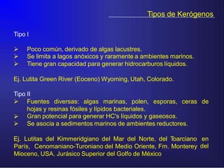 Tipos de Kerógenos
Tipo I



Poco común, derivado de algas lacustres.
Se limita a lagos anóxicos y raramente a ambientes marinos.
Tiene gran capacidad para generar hidrocarburos líquidos.
Ej. Lutita Green River (Eoceno) Wyoming, Utah, Colorado.
Tipo II
 Fuentes diversas: algas marinas, polen, esporas, ceras de
hojas y resinas fósiles y lípidos bacteriales.
Gran potencial para generar HC's líquidos y gaseosos.
Se asocia a sedimentos marinos de ambientes reductores.


Ej. Lutitas del Kimmeridgiano del Mar del Norte, del Toarciano en
delParís, Cenomaniano-Turoniano del Medio Oriente, Fm. Monterey
Mioceno, USA. Jurásico Superior del Golfo de México
 