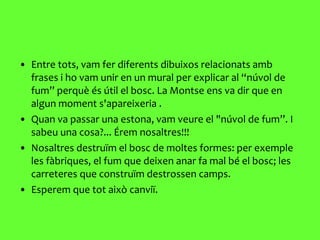 Entre tots, vam fer diferents dibuixos relacionats amb frases i ho vam unir en un mural per explicar al “núvol de fum” perquè és útil el bosc. La Montse ens va dir que en algun moment s'apareixeria . Quan va passar una estona, vam veure el "núvol de fum”. I sabeu una cosa?... Érem nosaltres!!! Nosaltres destruïm el bosc de moltes formes: per exemple les fàbriques, el fum que deixen anar fa mal bé el bosc; les carreteres que construïm destrossen camps.  Esperem que tot això canviï.  