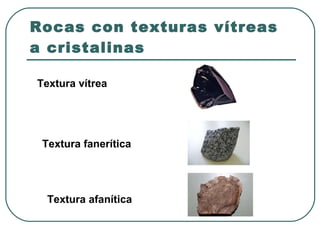 Rocas con texturas vítreas a cristalinas Textura vítrea Textura afanítica Textura fanerítica 