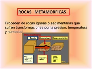 Proceden de rocas ígneas o sedimentarias que
sufren transformaciones por la presión, temperatura
y humedad.
 