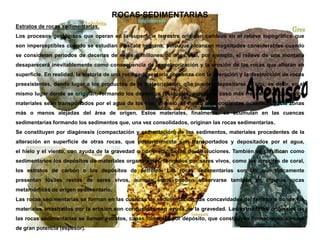 ROCAS SEDIMENTARIAS
Estratos de rocas sedimentarias.
Los procesos geológicos que operan en la superficie terrestre originan cambios en el relieve topográfico que
son imperceptibles cuando se estudian a escala humana, pero que alcanzan magnitudes considerables cuando
se consideran períodos de decenas de miles o millones de años. Así, por ejemplo, el relieve de una montaña
desaparecerá inevitablemente como consecuencia de la meteorización y la erosión de las rocas que afloran en
superficie. En realidad, la historia de una roca sedimentaria comienza con la alteración y la destrucción de rocas
preexistentes, dando lugar a los productos de la meteorización, que pueden depositarse in situ, es decir, en el
mismo lugar donde se originan, formando los depósitos residuales, aunque el caso más frecuente es que estos
materiales sean transportados por el agua de los ríos, el hielo, el viento o en corrientes oceánicas hacia zonas
más o menos alejadas del área de origen. Estos materiales, finalmente, se acumulan en las cuencas
sedimentarias formando los sedimentos que, una vez consolidados, originan las rocas sedimentarias.
Se constituyen por diagénesis (compactación y cementación) de los sedimentos, materiales procedentes de la
alteración en superficie de otras rocas, que posteriormente son transportados y depositados por el agua,
el hielo y el viento, con ayuda de la gravedad o por precipitación de disoluciones. También se clasifican como
sedimentarios los depósitos de materiales organógenas, formados por seres vivos, como los arrecifes de coral,
los estratos de carbón o los depósitos de petroleo. Las rocas sedimentarias son las que típicamente
presentan fósiles restos de seres vivos, aunque éstos pueden observarse también en algunas rocas
metamórficas de origen sedimentario.
Las rocas sedimentarias se forman en las cuencas de sedimentación, las concavidades del terreno a donde los
materiales arrastrados por la erosión son conducidos con ayuda de la gravedad. Las estructuras originales de
las rocas sedimentarias se llaman estratos, capas formadas por depósito, que constituyen formaciones a veces
de gran potencia (espesor).
 