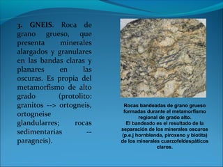 3. GNEIS. Roca de
grano grueso, que
presenta minerales
alargados y granulares
en las bandas claras y
planares en las
oscuras. Es propia del
metamorfismo de alto
grado (protolito:
granitos --> ortogneis,
ortogneise
glandularres; rocas
sedimentarias --
paragneis).
Rocas bandeadas de grano grueso
formadas durante el metamorfismo
regional de grado alto.
El bandeado es el resultado de la
separación de los minerales oscuros
(p.e.j hornblenda, piroxeno y biotita)
de los minerales cuarzofeldespáticos
claros.
 