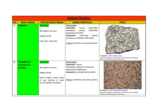 ROCAS ÍGNEAS
Nº      ROCA ÍGNEA    TIPO DE ROCA ÍGNEA                 CARACTERÍSTICAS                                                   FOTO
01.   GRANITO         Plutónica.                  Mineralogía:
                                                  Esenciales:     cuarzo     (10%-40%),
                      Roca ígnea intrusiva.       feldespato     -ortosa-    (30%-60%),
                                                  plagioclasas (0-35%).
                      Magma ácido.                Accesorios:     moscovita,     biotita,
                                                  piroxenos y anfíboles (10%-35%).
                      Color: gris, rojo claro.
                                                  Textura: fanerítica o de grano grueso.




                                                                                            Fotógrafo: Félix Vallés Calvo
                                                                                            Banco de Imágenes y Sonidos del ITE (Instituto de Tecnologías
                                                                                            Educativas) del Ministerio de Educación.
02.   ADAMELLITA      Plutónica.                  Mineralogía:
      (variante del                               Esenciales: cuarzo,
      granito).       Roca ígnea intrusiva.       feldespatos potásicos (ortoclasa),
                                                  plagioclasas (oligoclasa).
                      Magma ácido.                Accesorios: principalmente biotita.

                      Color rosado o rojizo, sobre
                      el que destaca el color Textura: fanerítica o de grano grueso.
                      oscuro debido a la biotita.


                                                                                            Fotógrafo: Pedro Martiñán Márquez
                                                                                            Banco de Imágenes y Sonidos del ITE (Instituto de Tecnologías
                                                                                            Educativas) del Ministerio de Educación.
 