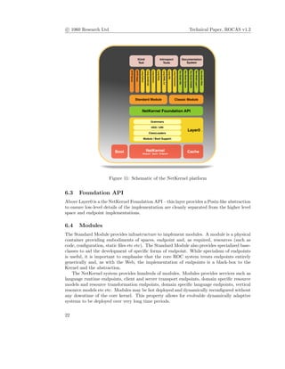 c 1060 Research Ltd Technical Paper, ROCAS v1.2
Figure 11: Schematic of the NetKernel platform
6.3 Foundation API
Above Layer0 is a the NetKernel Foundation API – this layer provides a Posix-like abstraction
to ensure low-level details of the implementation are cleanly separated from the higher level
space and endpoint implementations.
6.4 Modules
The Standard Module provides infrastructure to implement modules. A module is a physical
container providing embodiments of spaces, endpoint and, as required, resources (such as
code, conﬁguration, static ﬁles etc etc). The Standard Module also provides specialized base-
classes to aid the development of speciﬁc forms of endpoint. While specialism of endpoints
is useful, it is important to emphasise that the core ROC system treats endpoints entirely
generically and, as with the Web, the implementation of endpoints is a black-box to the
Kernel and the abstraction.
The NetKernel system provides hundreds of modules. Modules provides services such as
language runtime endpoints, client and server transport endpoints, domain speciﬁc resource
models and resource transformation endpoints, domain speciﬁc language endpoints, vertical
resource models etc etc. Modules may be hot deployed and dynamically reconﬁgured without
any downtime of the core kernel. This property allows for evolvable dynamically adaptive
systems to be deployed over very long time periods.
22
 