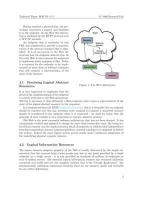 Technical Paper, ROCAS v1.2 c 1060 Research Ltd
Figure 1: The Web Abstraction
Having resolved a physical host, the par-
ticipant constructs a request and furnishes
it to the endpoint. In the Web this interac-
tion is mediated by the HTTP protocol over
a TCP/IP network.
An endpoint that is resolvable by this
URL has committed to provide a represen-
tation of the abstract resource that is iden-
tiﬁed. It is of no-concern to the Web ab-
straction how the endpoint achieves this. In
the early Web it was common for endpoints
to implement static mapping to ﬁles. Today
it is common for the endpoint to be imple-
mented as some form of software container
that will compute a representation of the
state of the resource.
4.1 Resolving Logical Abstract
Resources
It is very important to emphasise that the
detail of the implementation of the endpoint
is entirely irrelevant to the Web abstraction.
All that is necessary is that ultimately a Web endpoint must return a representation of the
state of the logical abstract resource to the requestor.
It is understood from the REST architectural style [1] that it is desirable that an endpoint
should be stateless and that any necessary state required to compute a requested resource
should be transferred to the endpoint when it is requested – we shall see below that the
principle of state transfer is very important in resource adaptive systems.
The Web is the most successful software architecture that has yet been devised. It has
continuously evolved and adapted to change for more than twenty-ﬁve years. By being iso-
lated from concern over the implementation detail of endpoints it exhibits total independence
from the computation resource (physical platform, network topology etc) employed to deliver
the system. Indeed the same logical system proves stable under continuous adaptation of
the underlying physical compute resource.
4.2 Logical Information Resources
The innate resource adaptive property of the Web is readily illustrated by the simple ob-
servation that the resource http://www.google.com was at one point provided by a single
endpoint on a single server - it is now provided by hundreds of millions of endpoints on
tens of million servers. The essential logical information resource has remained uniformly
consistent and stable and yet, the complete solution that is the “Google Application”, has
simultaneously undergone continuous evolution (here we use resource, stable and evolvable
by our earlier deﬁnitions).
5
 