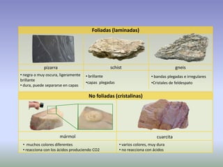 Foliadas (laminadas)
pizarra
• negra o muy oscura, ligeramente
brillante
• dura, puede separarse en capas
schist gneis
• brillante
•capas plegadas
• bandas plegadas e irregulares
•Cristales de feldespato
No foliadas (cristalinas)
mármol
• muchos colores diferentes
• reacciona con los ácidos produciendo CO2
cuarcita
• varios colores, muy dura
• no reacciona con ácidos
 