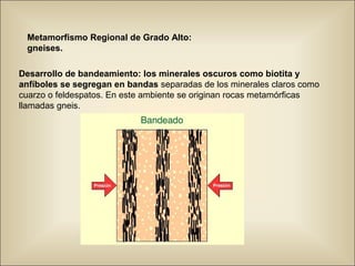 Metamorfismo Regional de Grado Alto:
gneises.
Desarrollo de bandeamiento: los minerales oscuros como biotita y
anfíboles se segregan en bandas separadas de los minerales claros como
cuarzo o feldespatos. En este ambiente se originan rocas metamórficas
llamadas gneis.
 
