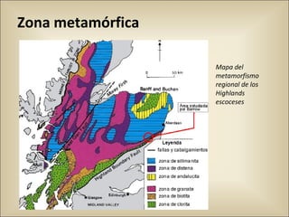 Zona metamórfica
Mapa del
metamorfismo
regional de los
Highlands
escoceses
 