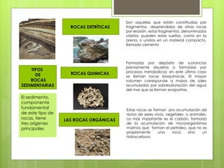 Son aquellas que están constituidas por
                    ROCAS DETRÍTICAS    fragmentos  desprendidos de otras rocas
                                        por erosión. estos fragmentos, denominados
                                        clastos, pueden estar sueltos, como en la
                                        arena, o unidos en un material compacto,
                                        llamado cemento



                                        Formadas por depósito de sustancias
                                        previamente disueltas o formadas por
    TIPOS                               procesos metabólicos; en este último caso
      DE            ROCAS QUIMICAS
                                        se llaman rocas bioquímicas. El mayor
    ROCAS                               volumen corresponde a masas de sales
SEDIMENTARIAS                           acumuladas por sobresaturación del agua
                                        del mar que se llaman evaporitas,

El sedimento,
componente
fundamental                             Estas rocas se forman  pro acumulación de
de este tipo de                         restos de seres vivos, vegetales  o animales.
rocas, tiene      LAS ROCAS ORGÁNICAS   La más importante es el carbón, formado
tres orígenes                           de la acumulación de microorganismos
principales                             marinos que forman el petróleo, que no es
                                        propiamente       una     roca     sino   un
                                        hidrocarburo.
 